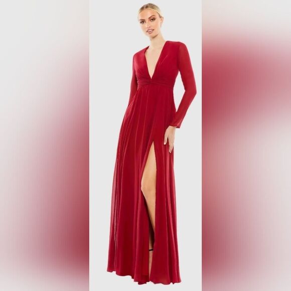Mac Duggal 54680 V-Neck Front Twist Long Sleeve Gown NWT Size 16 Dark Red - Picture 1 of 5